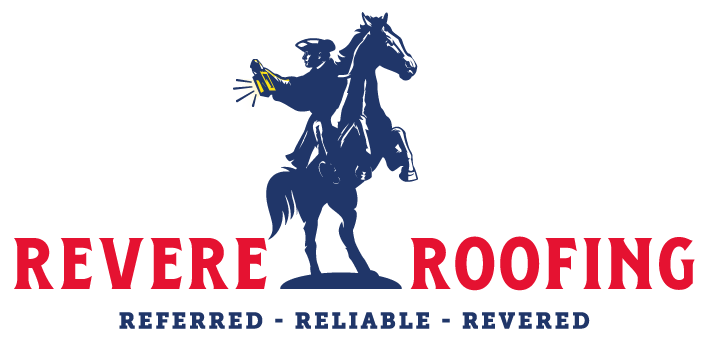 Logo of Paul Revere with a lantern on a reared up horse in Navy and with the logo Revere Roofing text in red and the tagline Referred, Reliable, Revered in Navy.