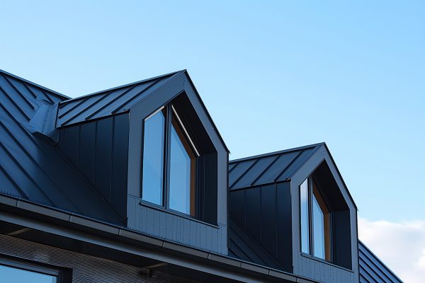 Modern architecture featuring a dark metal roof on a contemporary house